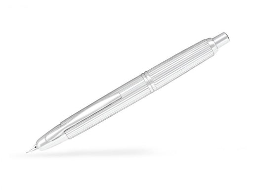 A silver Pilot Capless Stripe fountain pen with a precision mechanism allowing the nib to retract into the barrel.